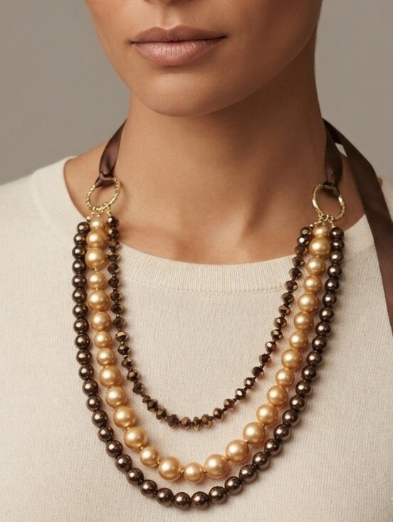 Jewelry - Women's Elegant Brown And Gold Faux Pearl Multi-Strand Statement Necklace